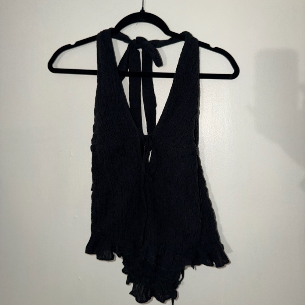 Free People Black Halter Top with Ruffle Details